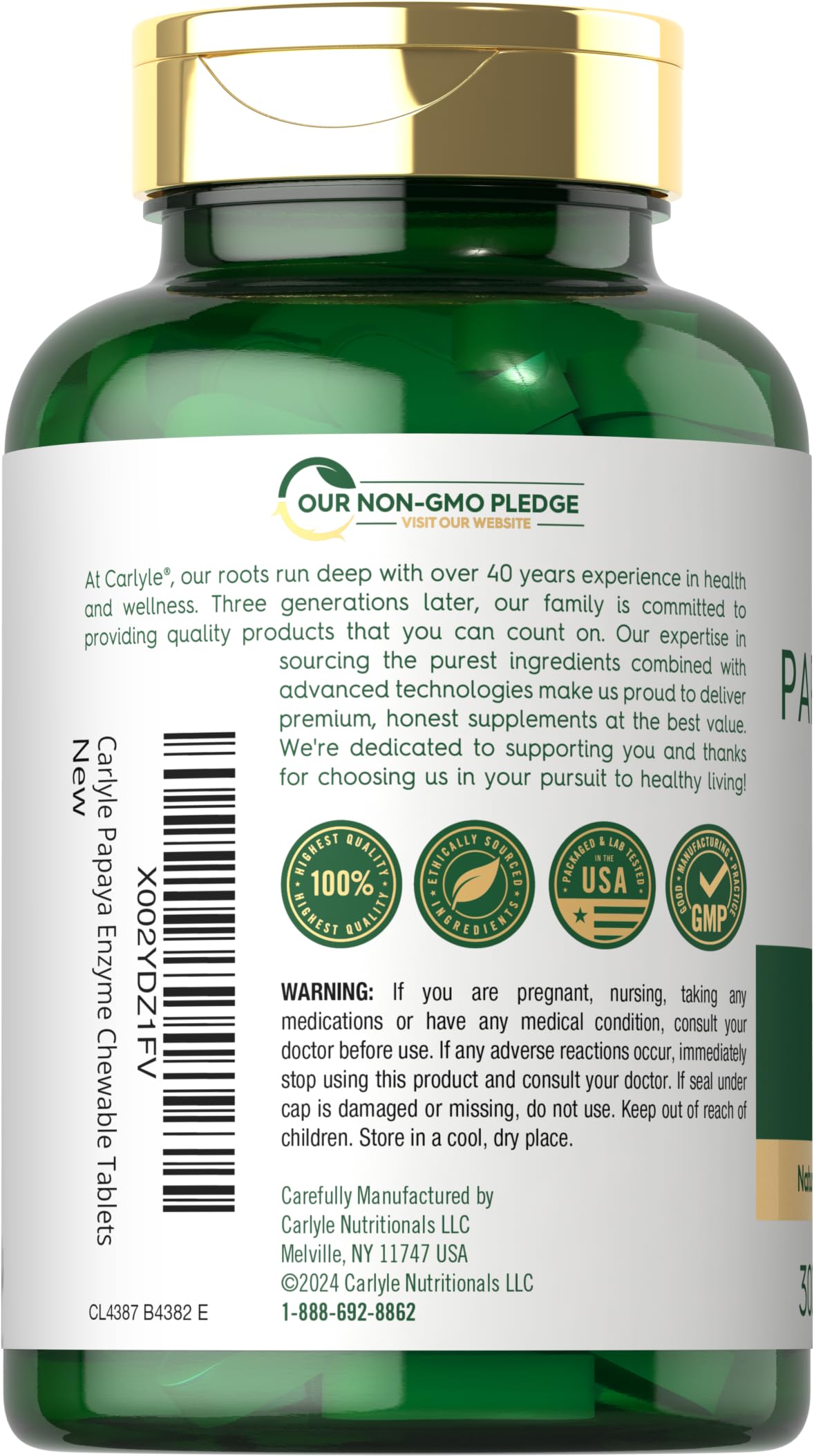 Carlyle Papaya Enzyme Chewable Tablets | Vegetarian, Non-GMO, Gluten Free Formula | Tropical Flavor